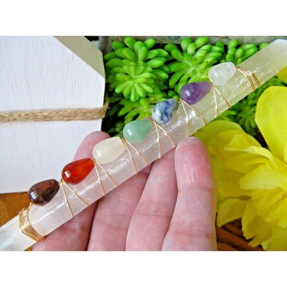 New Natural Shimmer Frosty Selenite Crystal Wand with Natural Chakra Gemstones - Picture 6 of 12